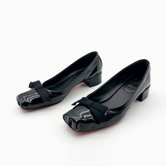CHRISTIAN LOUBOUTIN Mamaflirt Black Ballet Heels Size 38 Patent Leather Loafer - Picture 1 of 14